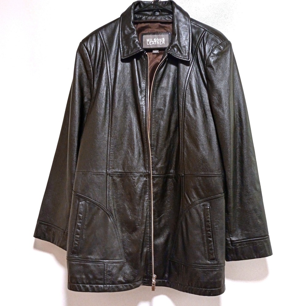 Wilsons Leather Coat Womens XL Black Genuine Leather Car Coat Jacket Full Zip